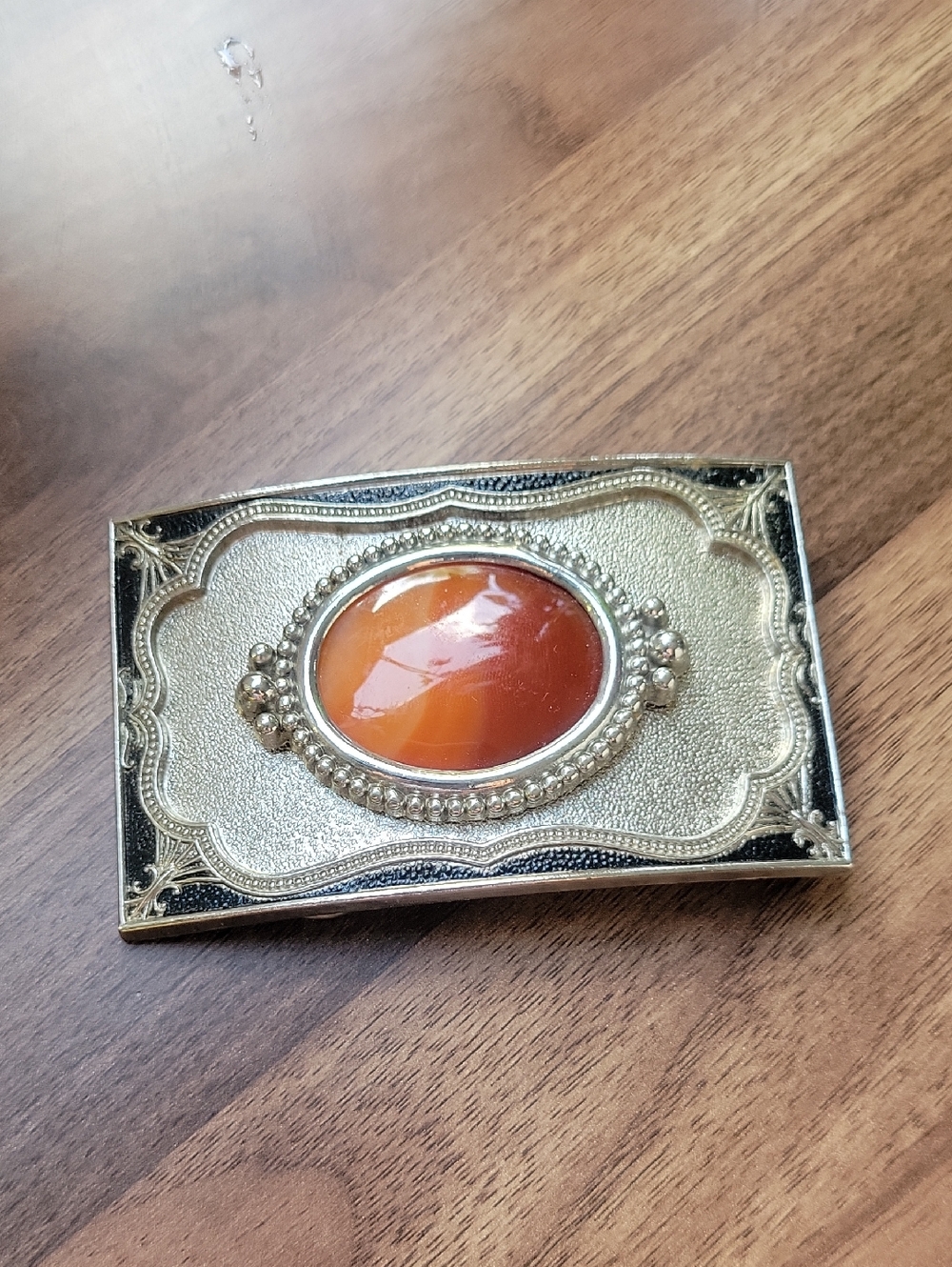Ornate Vintage-western Style Silver Tone Belt Buckle with Amber Cabochon